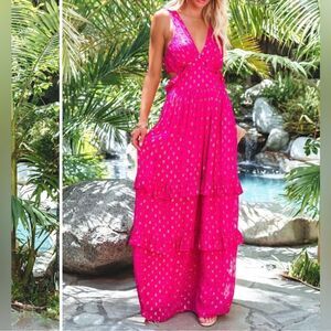 En Creme Pink Metallic Ruffled Maxi Dress Size Medium NEW